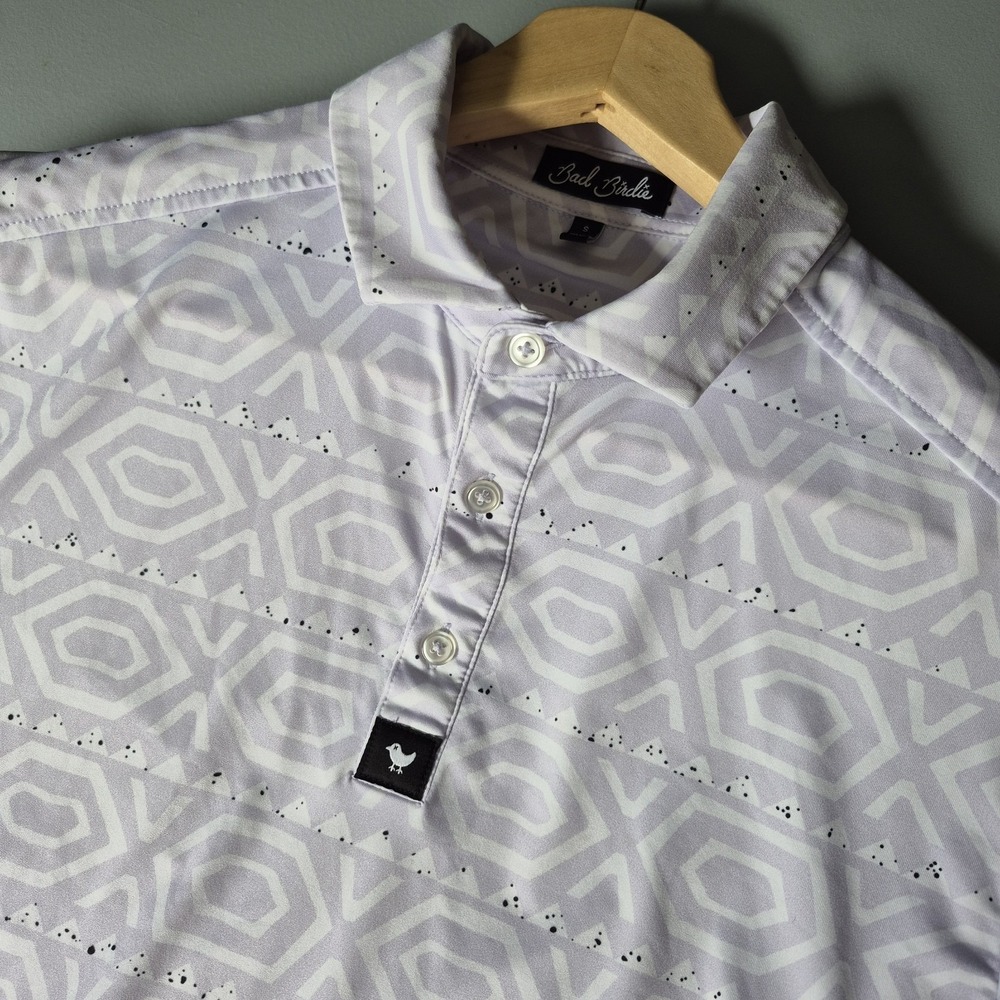 Bad Birdie Polo Mens Small White Lavender Aztec Performance Golf Southwestern